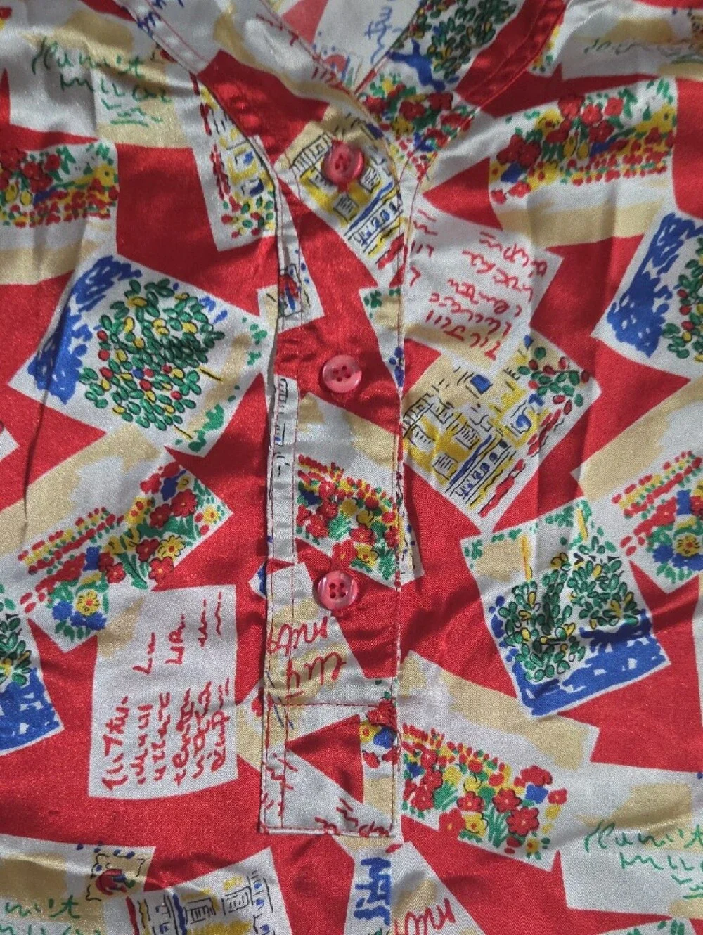 Violets & Roses Women’s Sleep Top | Red Postcard Print Pajama Shirt | Estimated - Picture 3 of 3